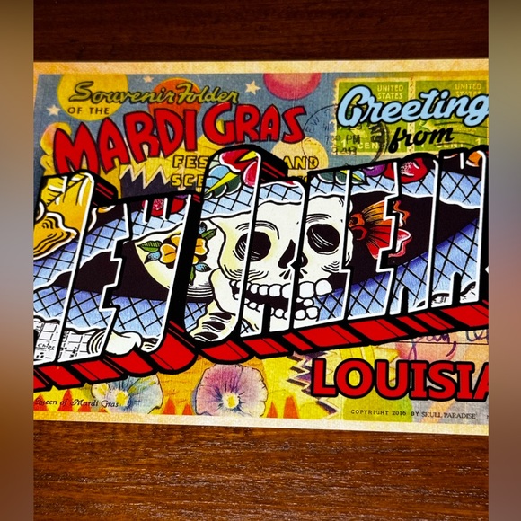 Skull Canvas Painting New Orleans Map & Mardi Gras Post Card St Louis Cathedral - Picture 8 of 9